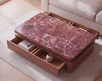 Rosso Levanto Marble Coffee Table, Red Marble Top, Natural Wood Drawers