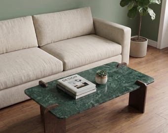 Verde Guatemala Marble Coffee Table with Natural Wood Legs