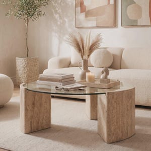 Round Travertine Coffee Table with Glass Top, Handmade Custom Size Japandi Living Room Decor