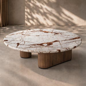 White Marble Coffee Table, Round Walnut Veneer Table