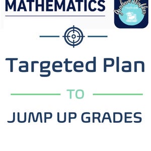 Może przedstawiać: Biały dokument edukacyjny zatytułowany GCSE MATHEMATICS Targeted Plan TO JUMP UP GRADES. Zawiera ciemnoniebieską ikonę celu, logo Graham Walker Tuition oraz ramkę z wymaganiami: przybory matematyczne i długopis z czarnym tuszem.