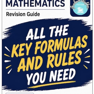 May include: A GCSE Mathematics Revision Guide book cover with a white background and a large dark blue central area. The text reads GCSE MATHEMATICS Revision Guide, EXAM SERIES Graham Walker TUITION, and ALL THE KEY FORMULAS AND RULES YOU NEED.