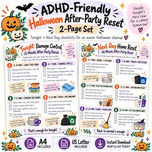 Checklista för ADHD-helger, ADHD-vänlig återställning av Halloween-efterfesten, 2-sidig städchecklista, Återställning av hemmet ikväll och nästa dag