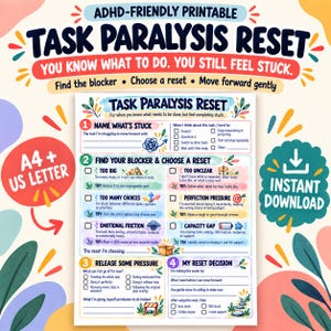 Può includere: Un foglio di lavoro stampabile Task Paralysis Reset con sezioni per nominare le attività bloccate, identificare gli ostacoli, rilasciare la pressione e prendere decisioni. Il documento include icone colorate, caselle di controllo e suggerimenti.