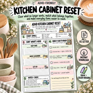 May include: A printable ADHD Kitchen Cabinet Reset checklist featuring sections for sorting, organizing, and decluttering kitchen items. The document includes numbered steps, checkboxes, and colorful illustrations of kitchenware on a white background.