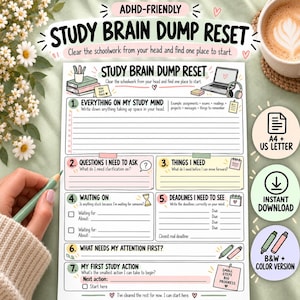 May include: A printable study brain dump reset planner page featuring seven sections for organizing schoolwork, including spaces for tasks, questions, needs, waiting items, and deadlines. The document includes the text Study Brain Dump Reset.