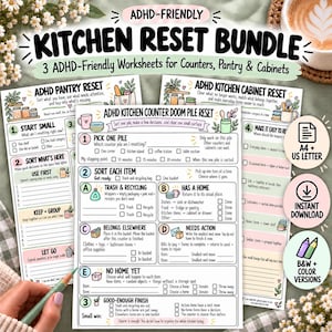 May include: A set of three printable ADHD-friendly kitchen reset worksheets featuring checklists for counters, pantries, and cabinets. The documents include sections for sorting items, trash, recycling, and organizing tasks with text in English and colorful icons.