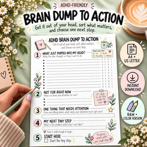 May include: A printable ADHD Brain Dump to Action planner page featuring five numbered sections for organizing thoughts, tasks, and next steps. The document includes text prompts, checkboxes, and floral illustrations in a white, pink, and green color scheme.