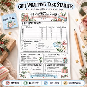 May include: A white paper task planner titled Gift Wrapping Task Starter with black text and colorful illustrations of gifts, tape, and scissors. The document includes numbered sections for organizing wrapping tasks, checking supplies, and setting goals.