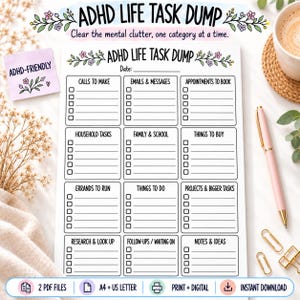 Puede incluir: Un planificador de tareas en papel blanco titulado ADHD LIFE TASK DUMP con detalles florales. Incluye doce secciones categorizadas, entre ellas Calls to Make, Emails & Messages, Appointments to Book, Household Tasks y Family & School.
