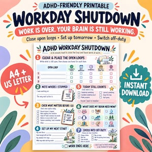 Op de afbeelding: Een printbare ADHD-checklist voor het afsluiten van de werkdag met zeven genummerde secties voor taakbeheer, het sluiten van openstaande taken en planning. Het document bevat Engelse tekst en is beschikbaar in A4- en US Letter-formaat.