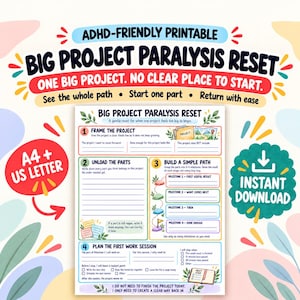 May include: A printable ADHD-friendly project planner sheet titled Big Project Paralysis Reset. The document features four numbered sections for framing projects, unloading parts, building a path, and planning work sessions, with A4 and US Letter sizes.