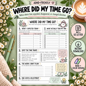 May include: A printable ADHD-friendly time tracking worksheet titled Where Did My Time Go? featuring five sections for logging planned tasks, actual time spent, time traps, unplanned work, and adjustments, with icons of a clock, mug, and lightbulb.