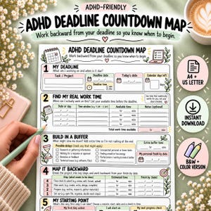 May include: A printed ADHD deadline countdown map planner page featuring five sections for project management, including task tracking, work time estimation, buffer building, backward mapping, and starting point planning.