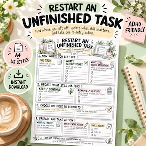 Puede incluir: Una hoja de trabajo impresa titulada Restart an Unfinished Task con cuatro secciones para la gestión de tareas. El documento incluye casillas de verificación, líneas para escribir e ilustraciones de una computadora portátil, un bote de basura y un objetivo.