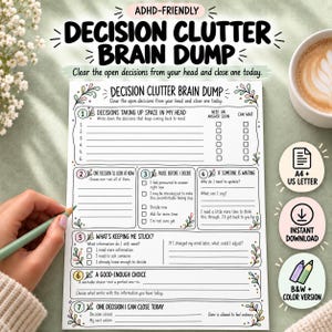 Descarga de ideas sobre TDAH, Hoja de trabajo para la toma de decisiones sobre TDAH, Descarga de ideas sobre decisiones desordenadas, Parálisis por decisión en TDAH