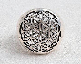 Pierścień Kwiat Życia, oksydowane srebro próby 925, Święta Geometria, Medytacja, Unisex