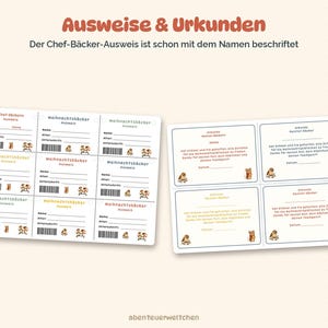 Pode incluir: Um conjunto de cart&otilde;es imprim&iacute;veis com o texto Ausweise & Urkunden. A folha esquerda cont&eacute;m nove cart&otilde;es de identifica&ccedil;&atilde;o rotulados como Weihnachtsb&auml;cker Ausweis com campos para nome, idade e assinatura. A folha direita tem quatro certificados rotulados como Urkunde Meister-B&auml;cker.