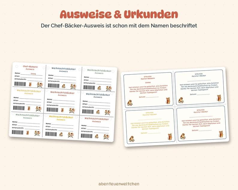 Pode incluir: Um conjunto de cart&otilde;es imprim&iacute;veis com o texto Ausweise & Urkunden. A folha esquerda cont&eacute;m nove cart&otilde;es de identifica&ccedil;&atilde;o rotulados como Weihnachtsb&auml;cker Ausweis com campos para nome, idade e assinatura. A folha direita tem quatro certificados rotulados como Urkunde Meister-B&auml;cker.