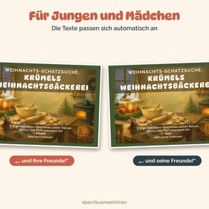 Pode incluir: Dois cart&otilde;es retangulares intitulados WEIHNACHTS-SCHATZSUCHE: KR&Uuml;MELS WEIHNACHTSB&Auml;CKEREI com uma cena de cozinha com um rato, uma tigela e velas. O texto inclui Ein gem&uuml;tliches Abenteuer voller R&auml;tsel, Spiele und Pl&auml;tzchenduft f&uuml;r Emma und ihre Freunde ou Ben und seine Freunde.