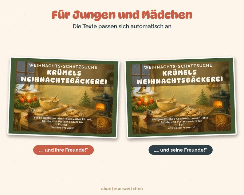 Pode incluir: Dois cart&otilde;es retangulares intitulados WEIHNACHTS-SCHATZSUCHE: KR&Uuml;MELS WEIHNACHTSB&Auml;CKEREI com uma cena de cozinha com um rato, uma tigela e velas. O texto inclui Ein gem&uuml;tliches Abenteuer voller R&auml;tsel, Spiele und Pl&auml;tzchenduft f&uuml;r Emma und ihre Freunde ou Ben und seine Freunde.