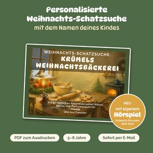 Pode incluir: Um jogo de ca&ccedil;a ao tesouro de Natal intitulado Kr&uuml;mels Weihnachtsb&auml;ckerei, apresentando um rato numa cozinha com uma tigela, um rolo da massa e bolachas. Inclui um emblema circular com o texto Neu mit eigenem H&ouml;rspiel.