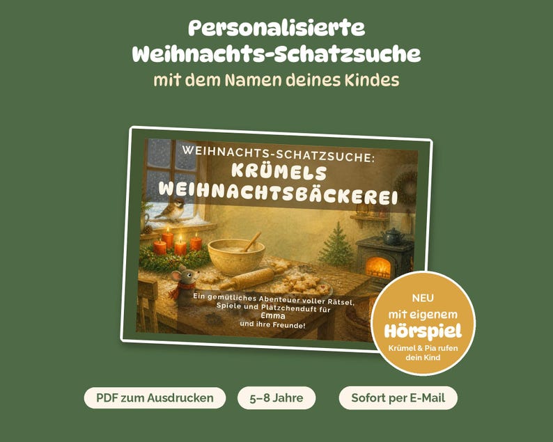 Pode incluir: Um jogo de ca&ccedil;a ao tesouro de Natal intitulado Kr&uuml;mels Weihnachtsb&auml;ckerei, apresentando um rato numa cozinha com uma tigela, um rolo da massa e bolachas. Inclui um emblema circular com o texto Neu mit eigenem H&ouml;rspiel.