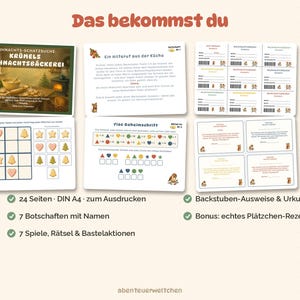 Pode incluir: Um kit de ca&ccedil;a ao tesouro de Natal imprim&iacute;vel intitulado Kr&uuml;mels Weihnachtsb&auml;ckerei, apresentando folhas de jogo, cart&otilde;es de quebra-cabe&ccedil;as e certificados com texto em alem&atilde;o, ilustra&ccedil;&otilde;es de biscoitos e um jogo de grade.