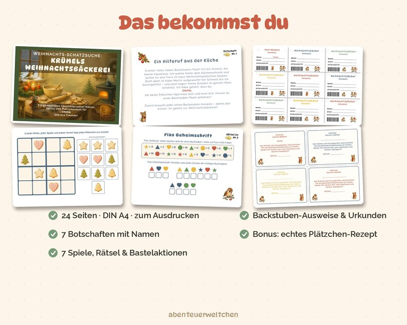 Pode incluir: Um kit de ca&ccedil;a ao tesouro de Natal imprim&iacute;vel intitulado Kr&uuml;mels Weihnachtsb&auml;ckerei, apresentando folhas de jogo, cart&otilde;es de quebra-cabe&ccedil;as e certificados com texto em alem&atilde;o, ilustra&ccedil;&otilde;es de biscoitos e um jogo de grade.