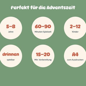 Pode incluir: Um gr&aacute;fico verde s&aacute;lvia com seis c&iacute;rculos creme contendo texto vermelho: 5-8 Jahre, 60-90 Minuten Spielzeit, 2-12 Kinder, drinnen spielbar, 15-20 Min. Vorbereitung e A4 zum Ausdrucken, com o cabe&ccedil;alho Perfekt f&uuml;r die Adventszeit.