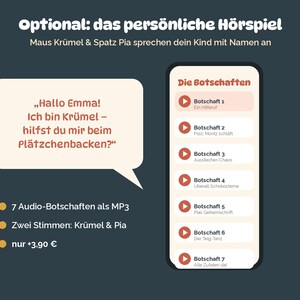 Pode incluir: Uma interface digital exibe sete mensagens de &aacute;udio intituladas Botschaft 1 a 7. Um bal&atilde;o de fala cont&eacute;m o texto em alem&atilde;o: Hallo Emma! Ich bin Kr&uuml;mel &ndash; hilfst du mir beim Pl&auml;tzchenbacken? Texto adicional lista 7 Audio-Botschaften als MP3.