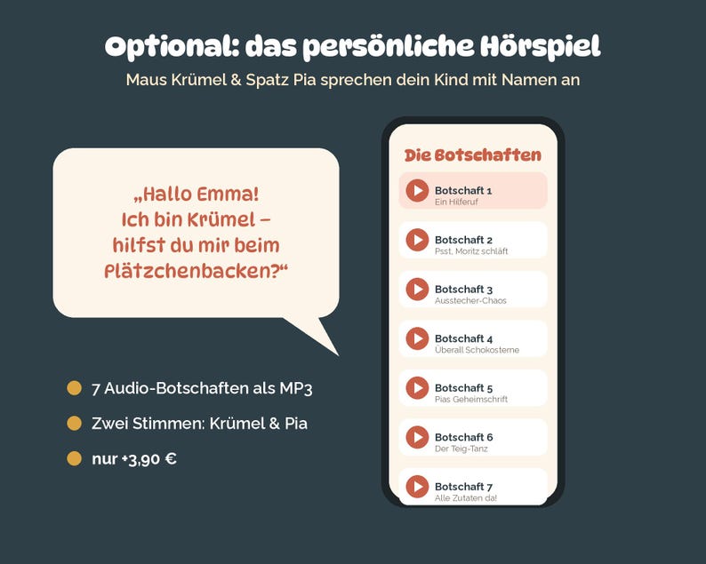 Pode incluir: Uma interface digital exibe sete mensagens de &aacute;udio intituladas Botschaft 1 a 7. Um bal&atilde;o de fala cont&eacute;m o texto em alem&atilde;o: Hallo Emma! Ich bin Kr&uuml;mel &ndash; hilfst du mir beim Pl&auml;tzchenbacken? Texto adicional lista 7 Audio-Botschaften als MP3.