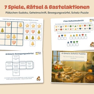Pode incluir: Um conjunto de quatro folhas de atividades intituladas 7 Spiele, R&auml;tsel & Bastelaktionen, incluindo um Sudoku de biscoitos, um c&oacute;digo secreto, um modelo de dado de movimento e um quebra-cabe&ccedil;a com uma ilustra&ccedil;&atilde;o de cozinha.