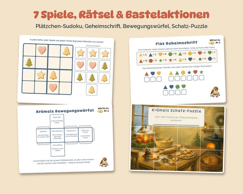 Pode incluir: Um conjunto de quatro folhas de atividades intituladas 7 Spiele, R&auml;tsel & Bastelaktionen, incluindo um Sudoku de biscoitos, um c&oacute;digo secreto, um modelo de dado de movimento e um quebra-cabe&ccedil;a com uma ilustra&ccedil;&atilde;o de cozinha.