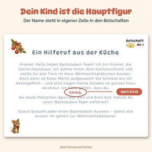 Pode incluir: Um cart&atilde;o retangular com o texto em alem&atilde;o 'Dein Kind ist die Hauptfigur' e 'Ein Hilferuf aus der K&uuml;che'. Apresenta uma ilustra&ccedil;&atilde;o de um pequeno rato, decora&ccedil;&otilde;es de Natal e um espa&ccedil;o para inserir o nome de uma crian&ccedil;a, Emma.