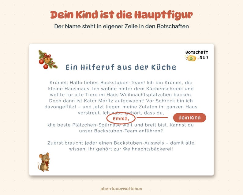 Pode incluir: Um cart&atilde;o retangular com o texto em alem&atilde;o 'Dein Kind ist die Hauptfigur' e 'Ein Hilferuf aus der K&uuml;che'. Apresenta uma ilustra&ccedil;&atilde;o de um pequeno rato, decora&ccedil;&otilde;es de Natal e um espa&ccedil;o para inserir o nome de uma crian&ccedil;a, Emma.