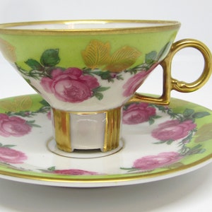 Mitterteich Art Deco Demitasse Cup and Saucer Bavaria Germany Pink Roses Green Gold #39