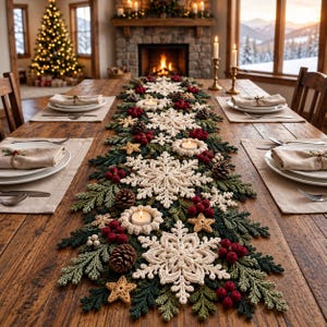 Peut inclure: Un chemin de table festif composé de flocons de neige crochetés couleur crème, de petites étoiles dorées et de branches de pin vertes. Le chemin est orné de baies rouges et de pommes de pin, avec des bougeoirs circulaires pour bougies chauffe-plat.
