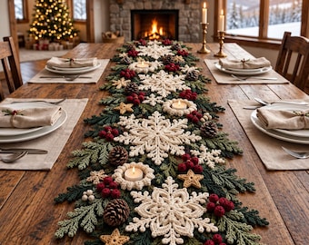 Puede incluir: Un camino de mesa festivo con copos de nieve de ganchillo en color crema, pequeñas estrellas doradas y ramas de pino verdes. El camino está decorado con bayas rojas y piñas marrones, con portavelas circulares para velas de té blancas.