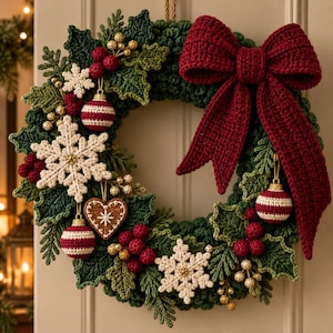 Pode incluir: Uma guirlanda circular de crochê com folhagem verde-escura, um grande laço vermelho-escuro, flocos de neve brancos, pequenas bagas vermelhas, cachos de contas douradas e ornamentos pendentes, incluindo esferas listradas de vermelho e branco e um coração.