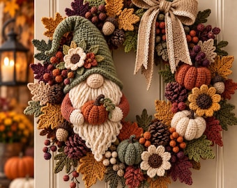 May include: A circular autumn wreath featuring a crocheted gnome wearing a green hat, holding a small orange pumpkin. The wreath is decorated with crocheted leaves in shades of yellow, orange, and burgundy, pinecones, berries, and a burlap bow.