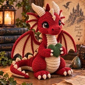 May include: A crocheted dragon plush toy featuring a vibrant red body with cream-coloured horns, wings, and belly. The dragon has large brown eyes and is holding a small, textured green heart in its front claws. The tail has cream spikes.