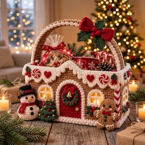 Könnte beinhalten: Ein gehäkelter Lebkuchenhaus-Korb mit einer roten Tür samt Kranz, einem Schneemann und einer Lebkuchenfigur. Der Korb ist mit weißem Zuckerguss-Rand, roten Herzen und Pfefferminzbonbons verziert. Eine rote Schleife ziert den Henkel.