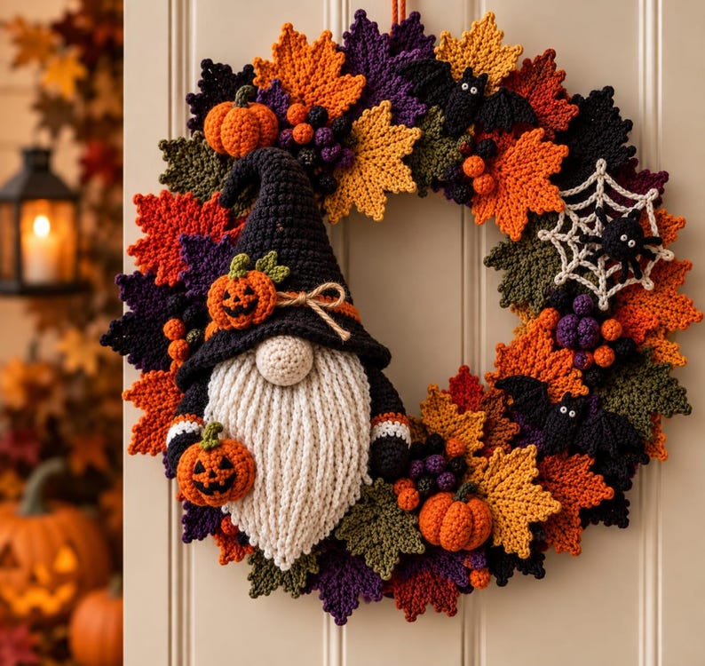 May include: A round crochet wreath featuring a central gnome with a black hat, white beard, and orange pumpkins. The wreath is decorated with crocheted autumn leaves in orange, purple, and green, along with black bats, a white spiderweb, and a spider.