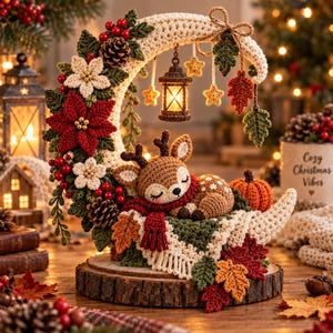 Op de afbeelding: Een gehaakte halve maan decoratie met een slapend hertje, een klein hangend lantaarntje, rode kerststerren, witte bloemen, dennenappels en herfstbladeren op een houten voet, inclusief een kleine oranje pompoen.