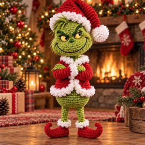 Könnte beinhalten: Eine gehäkelte Puppe in Form eines grünen Wesens mit schelmischem Gesichtsausdruck, bekleidet mit einer roten Weihnachtsmütze mit weißem Bommel, einer roten Jacke mit weißem Rand und roten Schuhen mit aufgebogenen Spitzen.