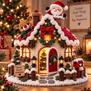 May include: A crocheted Christmas house featuring a Santa figure in the chimney, a reindeer on the roof, and a red door. The house has a wreath, a mailbox, and a sign that reads Home Sweet Holidays. It is decorated with lights and small trees.