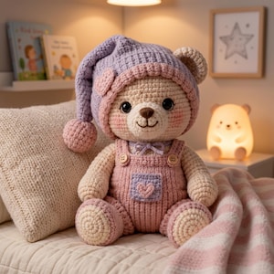 Könnte beinhalten: Ein gehäkelter Teddybär mit einer lavendelfarbenen Schlafmütze mit Bommel und rosa Herzaufnäher, bekleidet mit einer rosa Latzhose mit lavendelfarbener herzförmiger Tasche, einer kleinen Schleife am Hals und zwei Holzknöpfen an den vorderen Trägern.