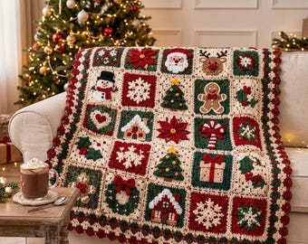 May include: A crochet blanket featuring a grid of squares with Christmas motifs including Santa, a snowman, reindeer, gingerbread man, Christmas trees, snowflakes, poinsettias, a wreath, a gift, and a candy cane in red, green, and cream yarn.