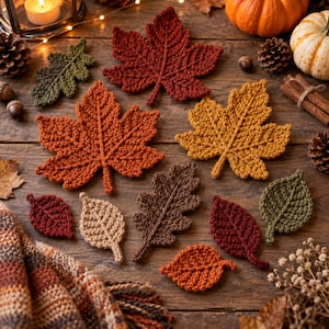 Höstlövs-virkmönster i PDF-format, lönn- och eklövs-virkmönster, höstdekorationsapplikation, digital nedladdning av Thanksgiving-virkning